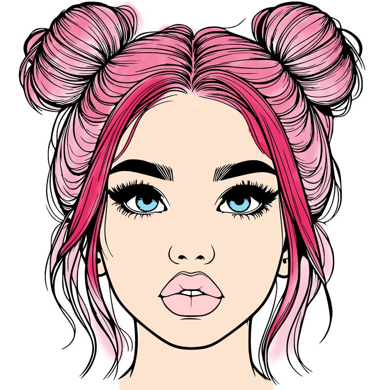 realistic girl with two buns on her hair and lips