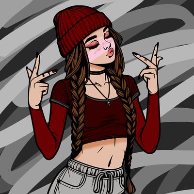 realistic teenage girl with braids and a beanie and crop top doing 🫶🏼