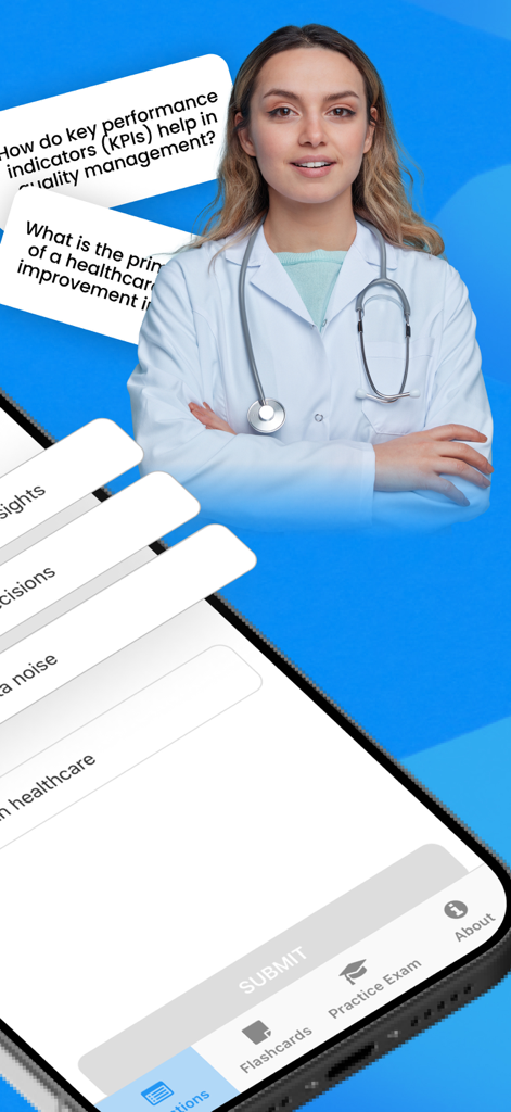 CPHQ Trainer Pro - Tela de teste do aplicativo CPHQ Trainer Pro com questões práticas de qualidade em saúde e um profissional de saúde