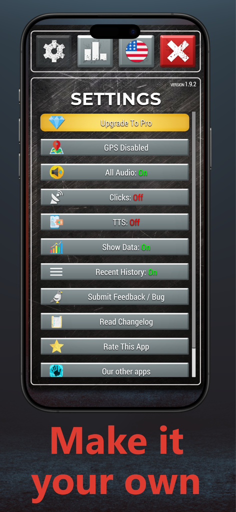 Spirit Chat Box - Ghost Talker - Uno screenshot che mostra il menu delle impostazioni dell'app Spirit Chat Box con varie opzioni di personalizzazione come audio e sintesi vocale.
