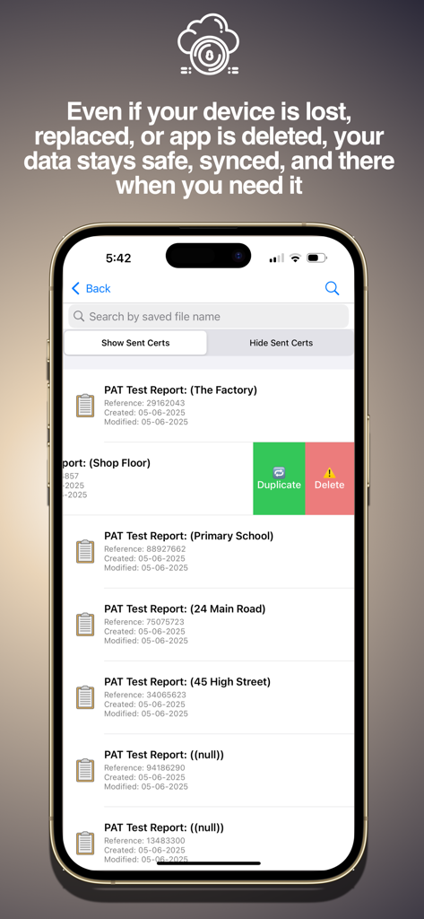 Pat Test Pro - Pat Test Pro mobile app interface displaying a list of PAT test reports with cloud sync data protection text