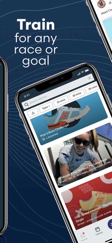 Libreria di allenamenti dell'app The Run Experience che mostra programmi di allenamento per diverse gare e obiettivi