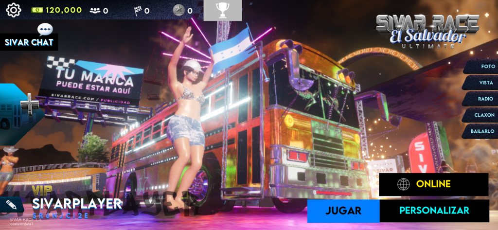 Sivar Race Ultimate - Sivar Race Ultimate game menu featuring a highly customized colorful bus and a character holding a flag.