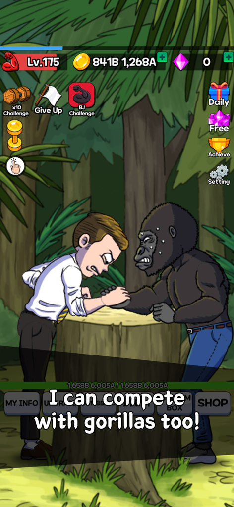 A cartoon man in a white shirt arm wrestling a gorilla on a tree stump in a forest.