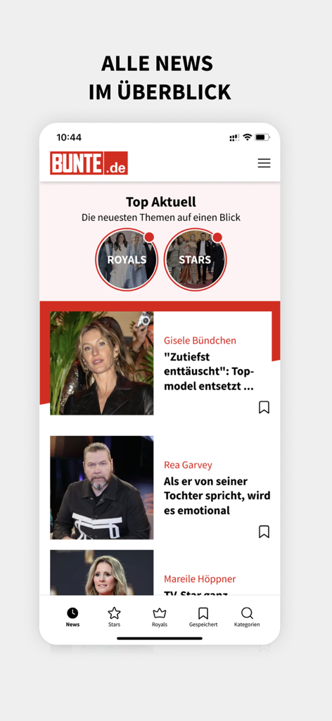 La schermata principale dell'app BUNTE.de che mostra gli articoli di attualità su celebrità e famiglia reale