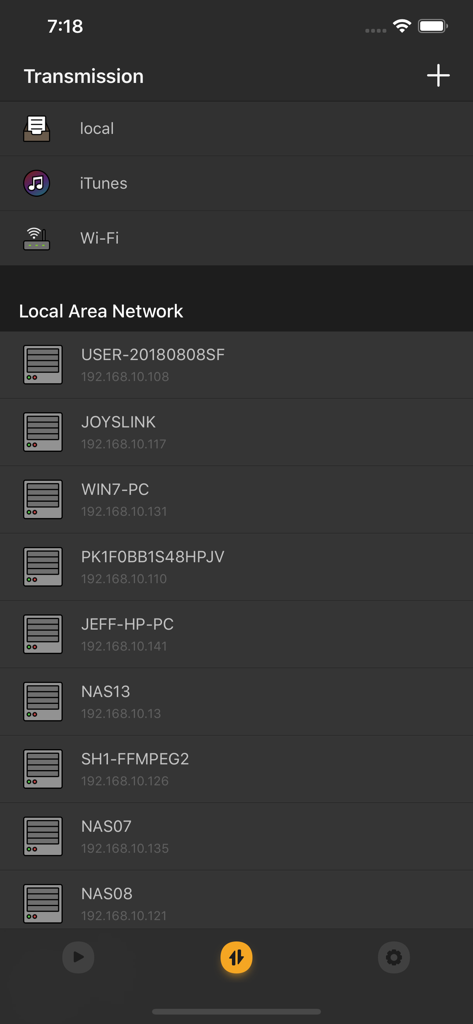 KFPanda Player screen showing local network servers and file transmission options including Wi-Fi and iTunes.