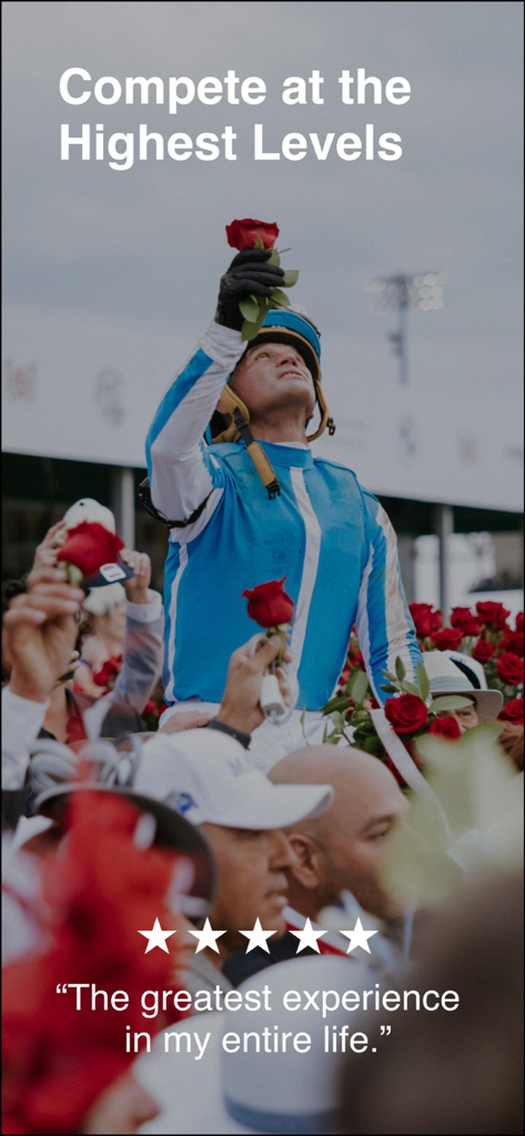 CMNWLTH - A jockey celebrates a victory holding a red rose with a five star app review