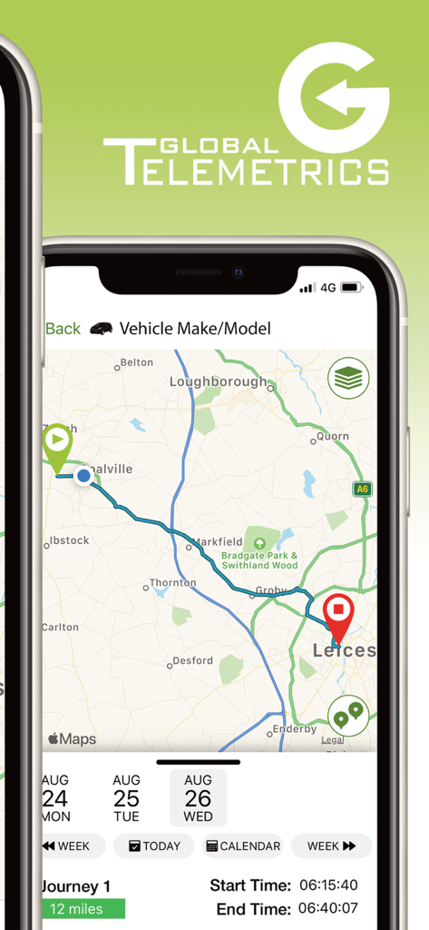 GTE Track - GTE Track app displaying a vehicle journey route on a map with trip details including distance and time