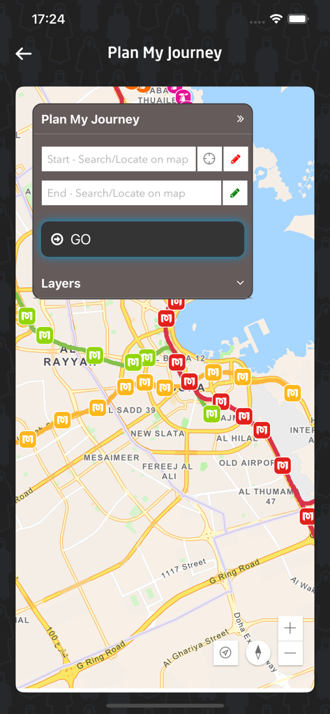 Qatar Rail - Qatar Rail app Plan My Journey screen with Doha metro map and route search