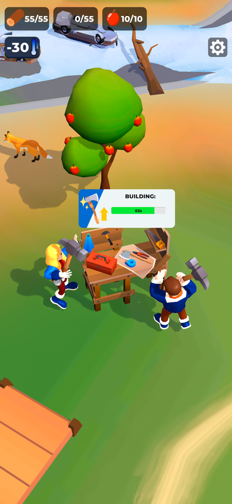 Frost Land Survival - Two characters crafting tools at a workbench in a frozen landscape