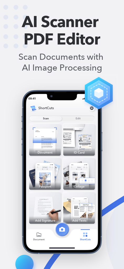 Scanner App: Scan PDF Document - iPhone exibindo a interface do AI Scanner com opções para digitalizar documentos, cartões de identificação e adicionar assinaturas