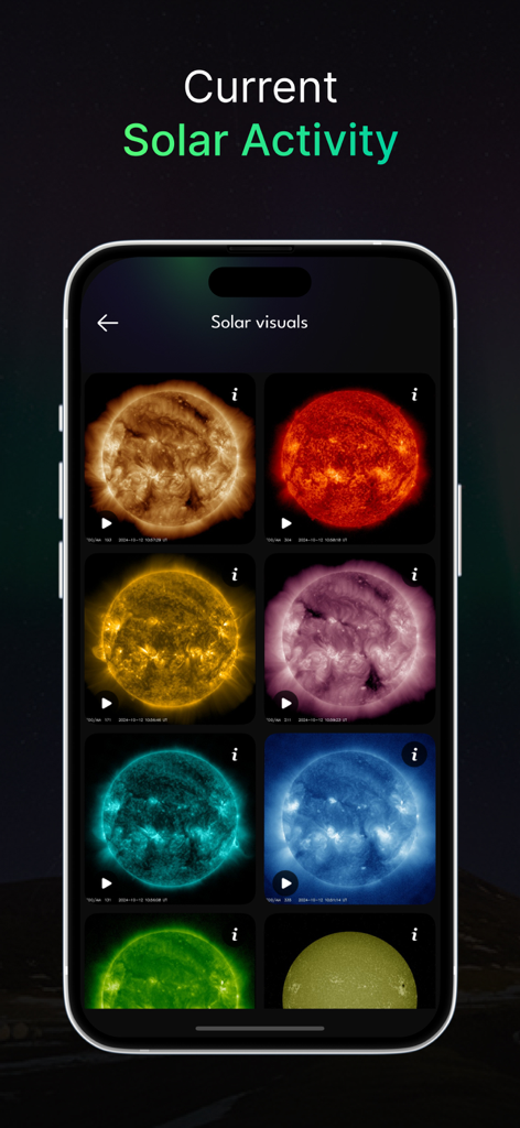 Aurora Alerts & Forecast - A smartphone screen showing multiple colored images of the sun in various wavelengths representing current solar activity within the Aurora Alerts app.