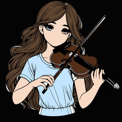 realistic teenage girl wearing a t-shirt, long hair, playing the violin