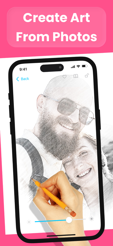 A hand tracing a portrait photo on paper using the AR Drawing app projector feature.