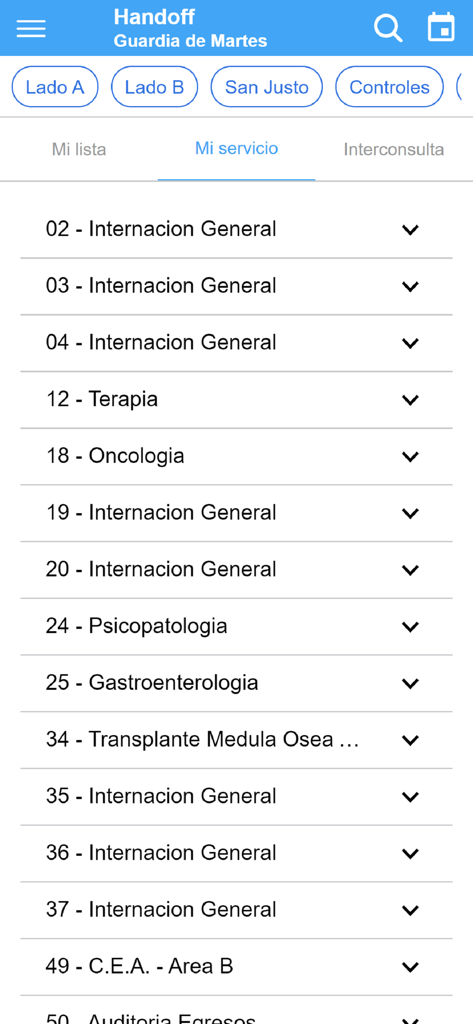 Una interfaz móvil que muestra una lista de departamentos hospitalarios como Hospitalización General, Oncología y Gastroenterología en la aplicación Hospital Italiano Intranet