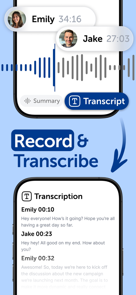 Smart Noter - AI Note Taker - Smart Noter app interface displaying a voice recording session and its automated text transcription with speaker identification