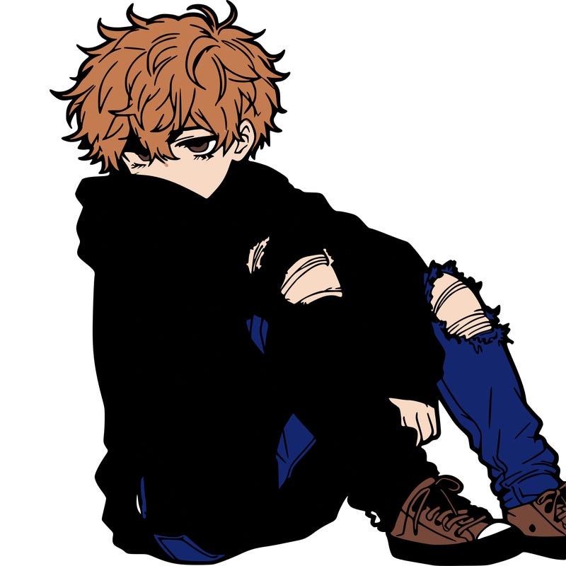 a male hoddie ripped jeans messy hair anime