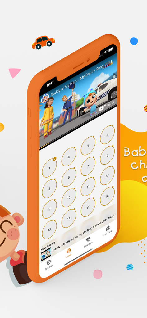 An iPhone displaying the Baby Kids Tube app with a video player and a numbered selection of nursery rhymes