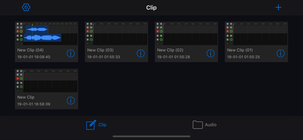 Interface of EZAudioCut showing a list of audio clips with waveforms and timestamps