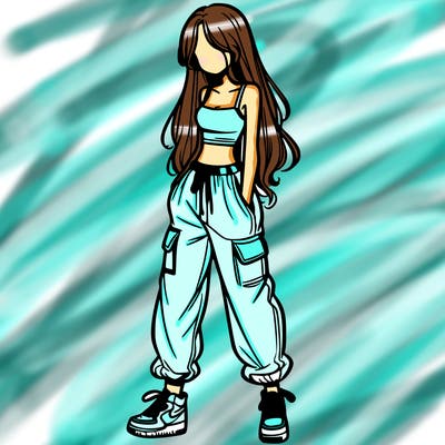 girl in baggy pants crop top and long hair