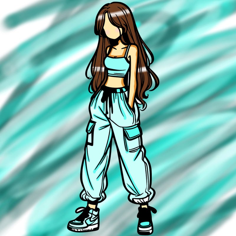 girl in baggy pants crop top and long hair