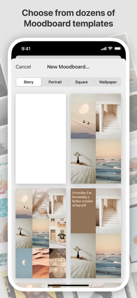 Moodboard-App-Oberfläche mit einer Vielzahl ästhetischer Vorlagen für Social-Media-Stories