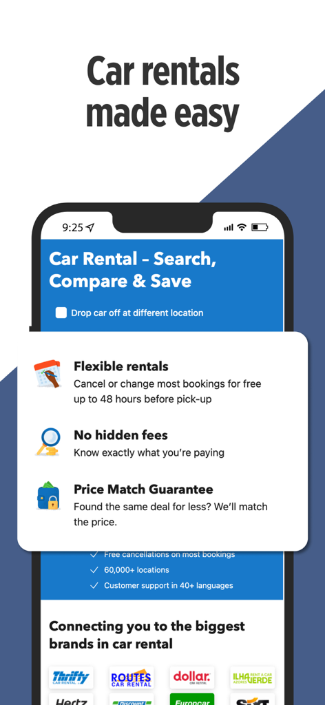 justfly.com: Flights & Travel - 柔軟なレンタル、隠し手数料なし、プライスマッチ保証を強調したjustfly.comアプリのレンタカー機能のスクリーンショット