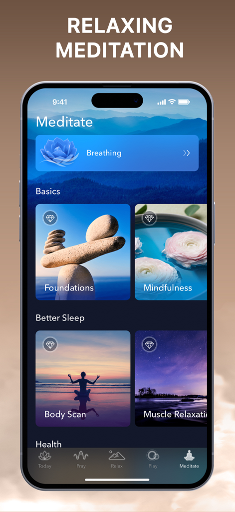 A screenshot of the BlessedPath app meditation screen showing breathing exercises and sleep aid categories