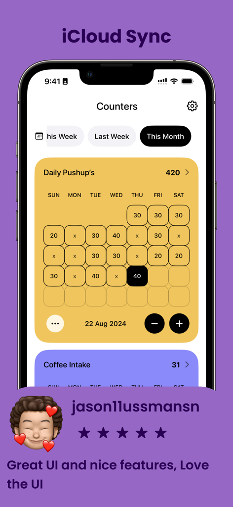 Tally Counter: Habit Tracker - Mobile app interface of Tally Counter displaying a monthly progress calendar for daily pushups and a positive user review