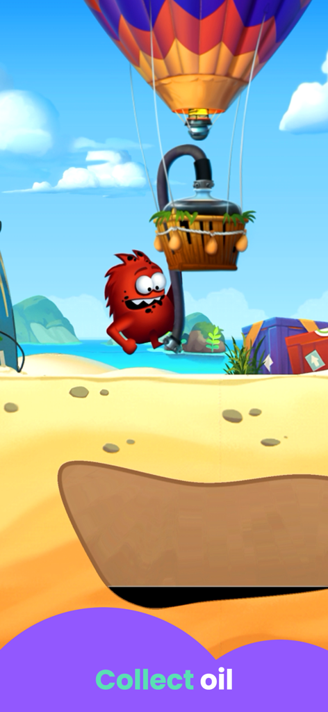 Party Games: for Kids - A red monster character collecting oil with a hot air balloon on a beach in the Party Games for Kids app