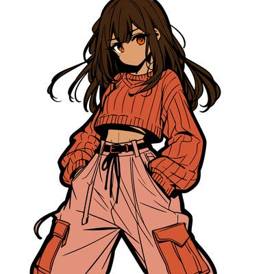anime teen girl with baggy pants and crop top with sweater