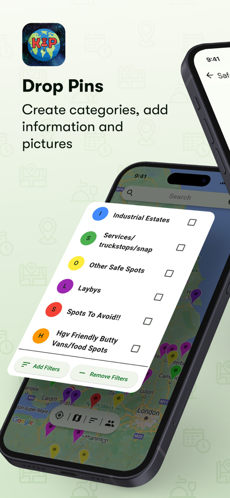 Kip App - Interfaccia dell'app Kip che mostra una mappa con segnaposto colorati e categorie personalizzabili per la navigazione