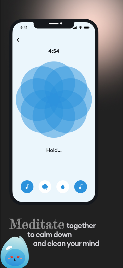 Livia: Emotional Best Friends - A smartphone interface showing a breathing exercise with a blue geometric pattern and a countdown timer for meditation.