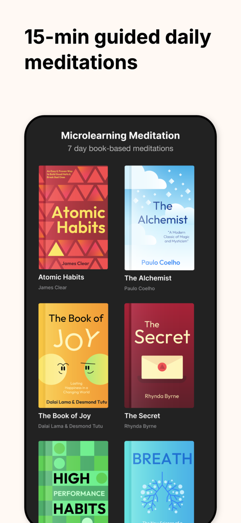 A mobile app screen showing a library of 15-minute meditations based on bestselling books like Atomic Habits and The Alchemist.