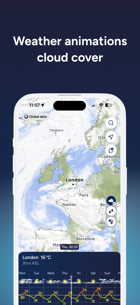 Fluid Meteo – Weather Forecast - Fluid Meteo app showing interactive cloud cover animations and a forecast for London