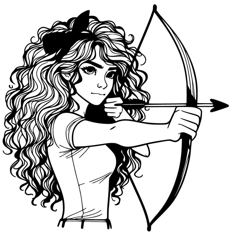 a woman with curly and messy hair using a bow to shoot arrow realistic