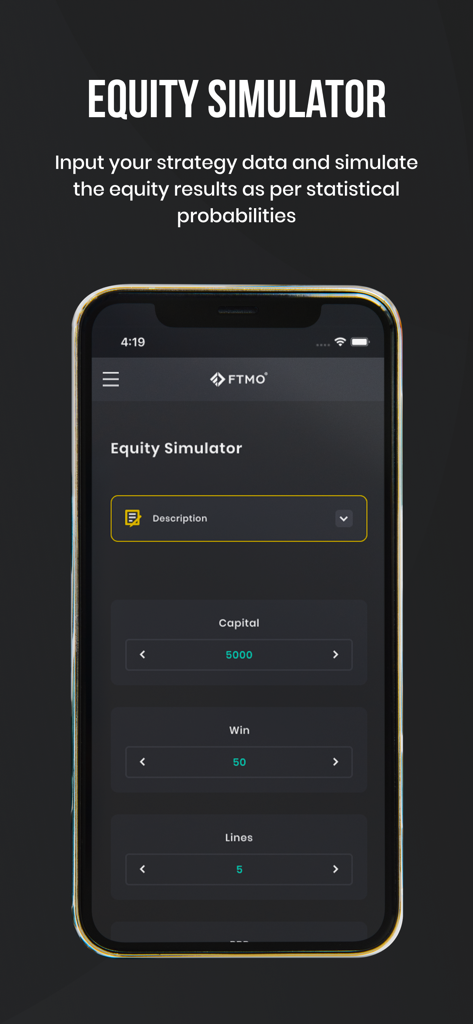 FTMO app Equity Simulator screen showing capital and win rate inputs for trading strategy simulation