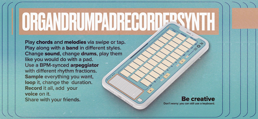 C.ARP - Un graphique promotionnel pour l'application musicale C.ARP montrant son interface unique de boutons d'accords sur un iPhone avec une liste de fonctionnalités créatives.