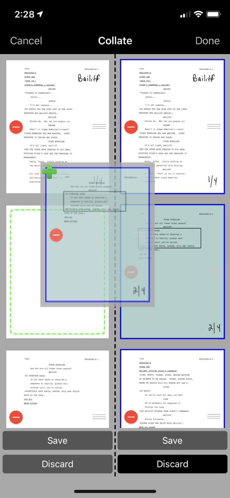Organizing script pages in the Rehearsal Pro collate interface