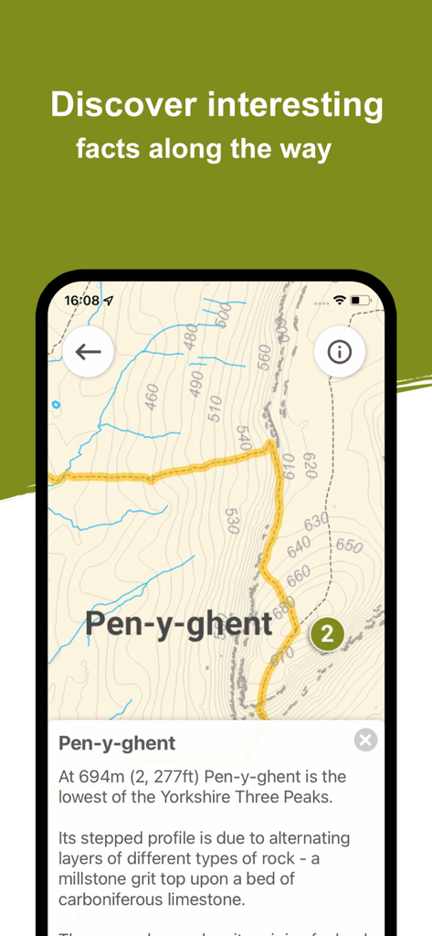 Yorkshire Three Peaks - App interface showing a topographical map of Pen-y-ghent with geological facts