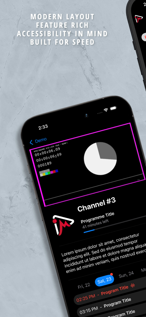 Aplicativo iMPlayer IPTV Player mostrando uma interface moderna com detalhes de programas e informações de canal