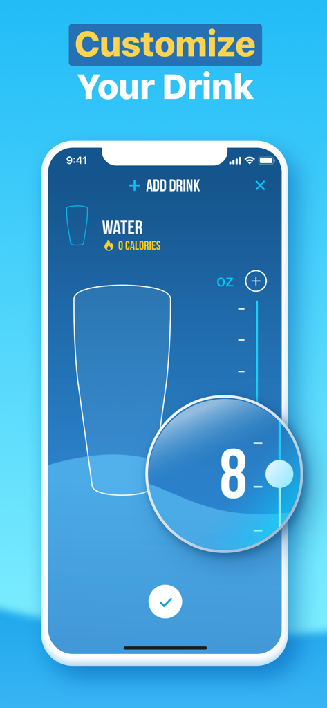 Water Reminder - Daily Tracker - Interfaz para personalizar el volumen de la bebida de agua en onzas en la aplicación Water Reminder