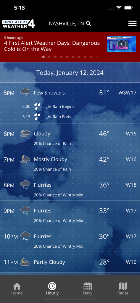 WSMV 4 First Alert Weather app showing hourly forecast for Nashville with weather conditions and temperatures