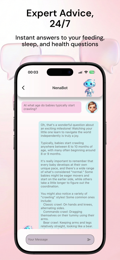 BabyNena: AI Baby Care - Chatbot de IA NenaBot en la aplicación BabyNena brindando asesoramiento experto sobre hitos del desarrollo infantil