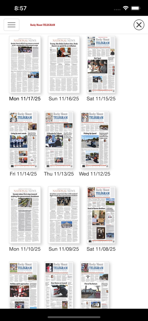 A grid of Rocky Mount Telegram digital newspaper replica editions organized by date in the app.