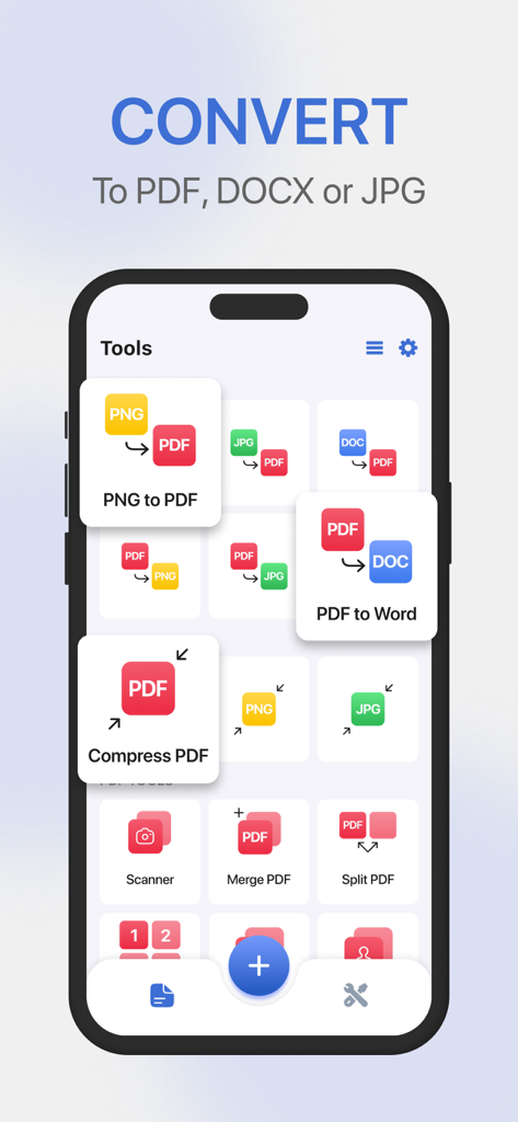 PDFおよびWordファイルのさまざまなドキュメント変換および編集ツールを示すモバイルアプリ画面