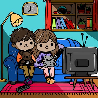 cozy friends colouring book living room sitting down watching tv