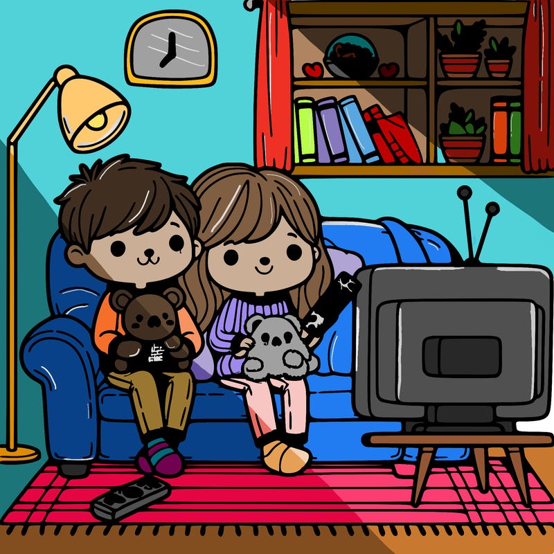 cozy friends colouring book living room sitting down watching tv