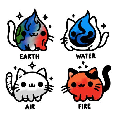 4 cats that represent the different elements, earth, water, air, and fire