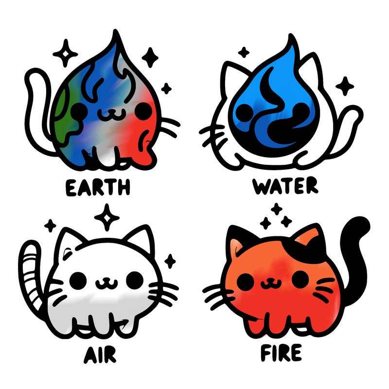 4 cats that represent the different elements, earth, water, air, and fire